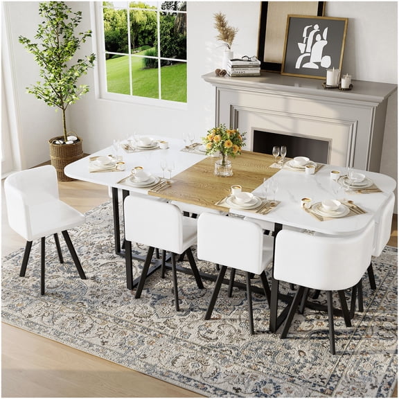 Modern 9-Piece Dining Set for 8, Square Table with Faux Marble Top and Wood Grain, White Faux Leather Chairs, Black Metal Legs