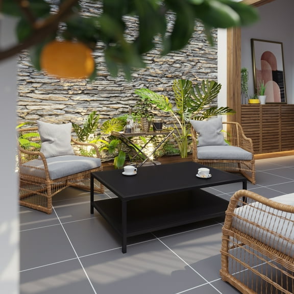 Emma   Oliver All-Weather Black Commercial Grade Indoor/Outdoor Metal 2 Tier Coffee Table