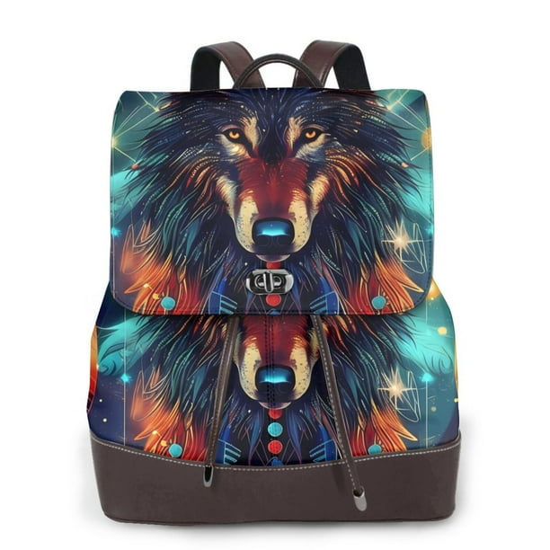 Balery Mystic Wolf Dreamcatcher Mochila de Cuero para Mujeres, Gran Capacidad, Bolsa de Viaje Multifuncional, Mochila de Cuero y Bolsa de Hombro para Mujeres