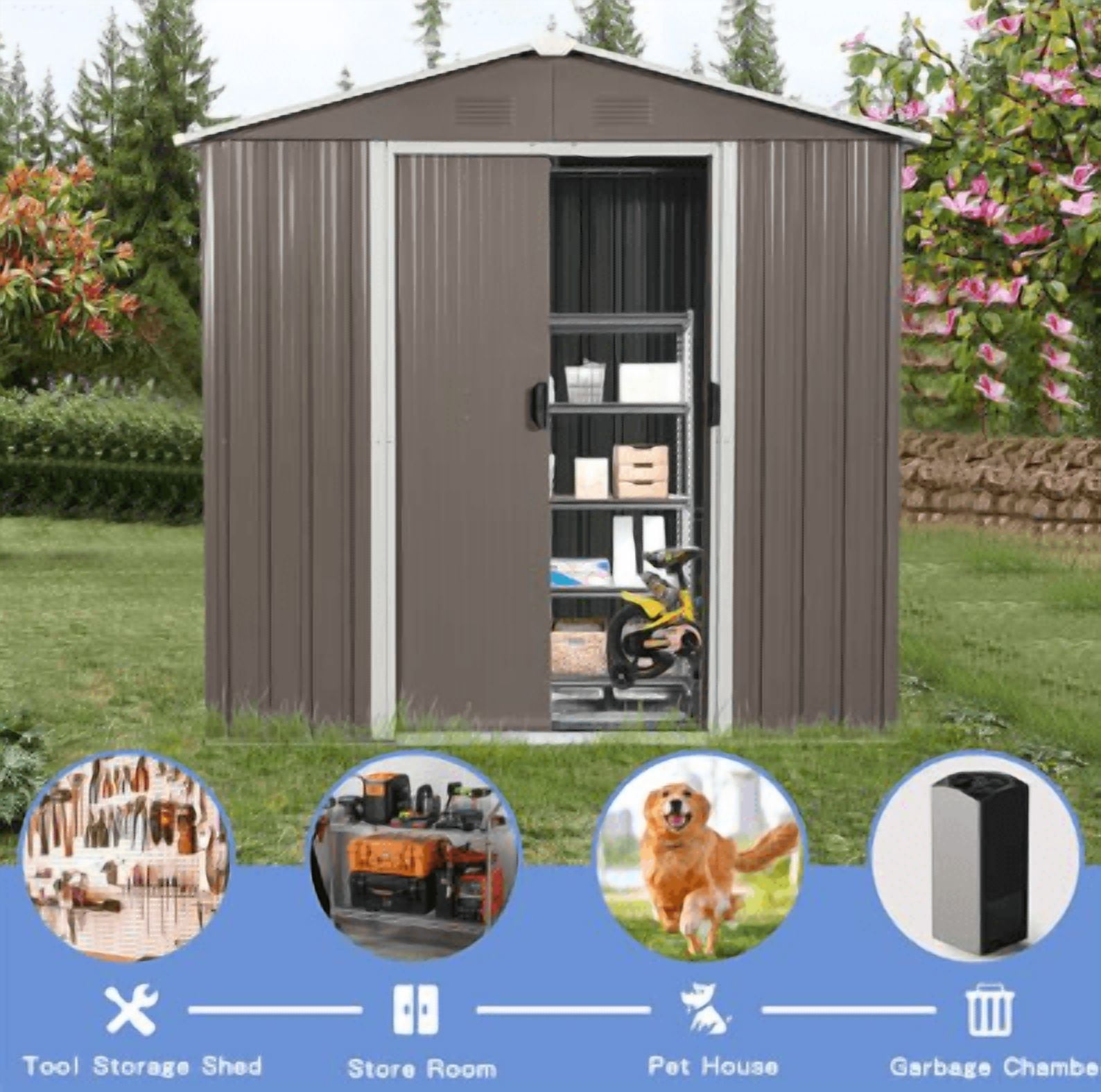 High Quality Metal Outdoor Storage Shed, 8ft x 4ft, Brown