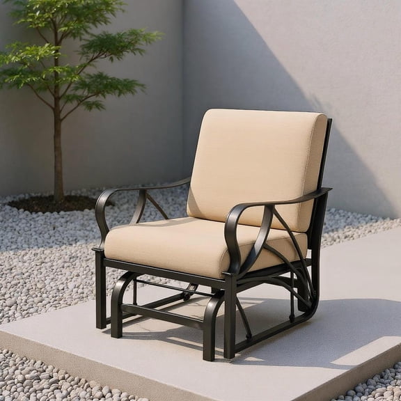 Topcobe Patio Glider Rocking Chair with Thick Cushion and Curved Armrest, Outdoor Patio Furniture for Balcony Garden Backyard-Tan