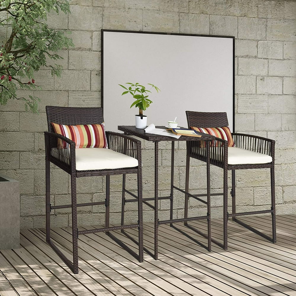 Sundale Outdoor Garden 3 Piece Wicker Bar 2 Stool 1 Table Set Rattan