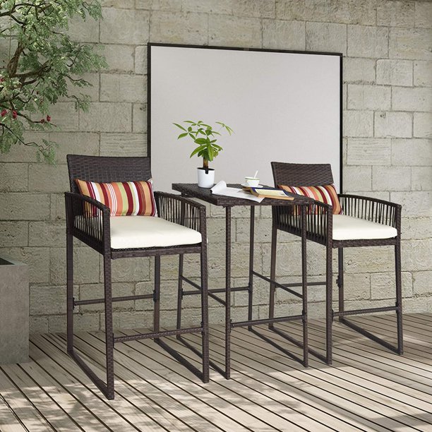 Sundale Outdoor Garden 3 Piece Wicker Bar 2 Stool 1 Table Set Rattan Patio Furniture Chairs Sets With Cushion Lumbar Walmart Com Walmart Com