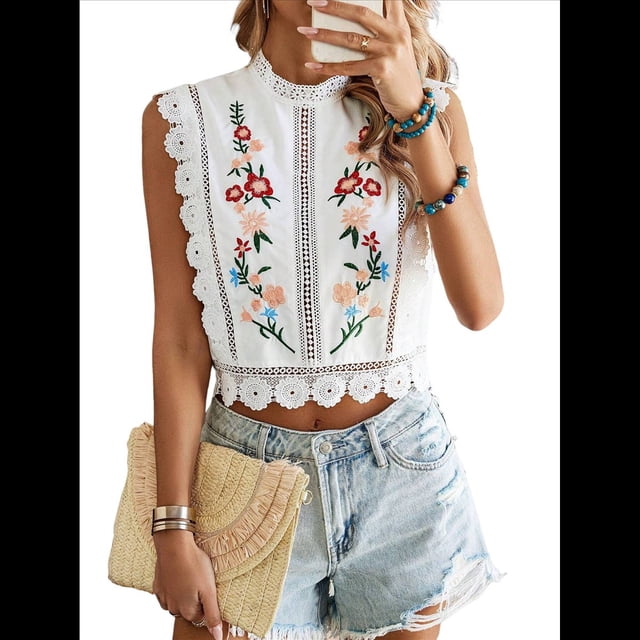 Blusa Corta Sin Mangas con Cuello Alto y Encaje Bordado Floral para Mujer M