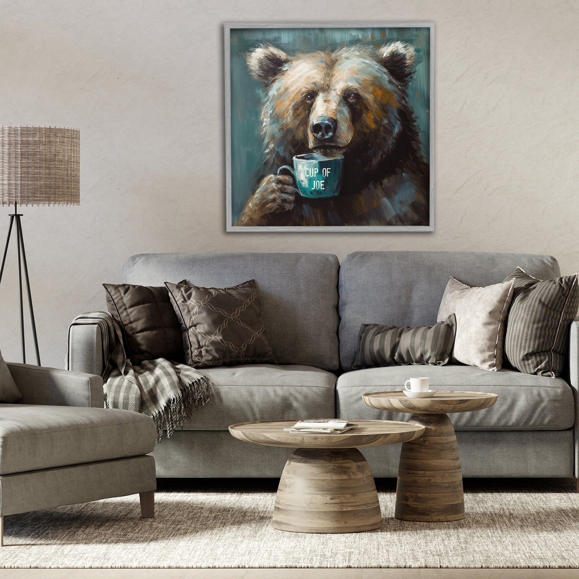 Stupell Industries Bear with Cup Of Joe Gray Framed Giclee Art, design by Tina LeCour