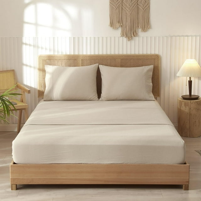 Washed Cotton Pieces Sheet Set Linen Feel Natural Wrinkle Breathable Lightweight (Queen Cream Grey)