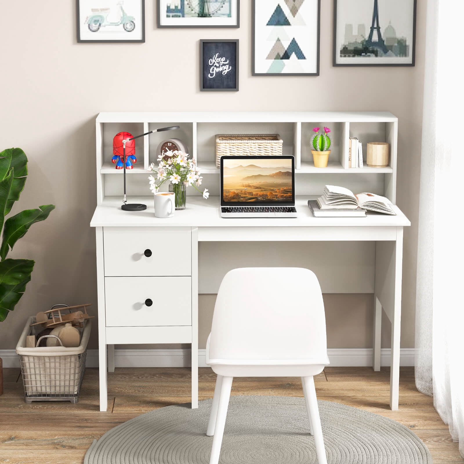 Costway Computer Desk 48" Writing Table w/ Power Outlets 5-Cubby Hutch 2 Storage Drawers White