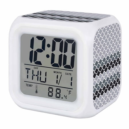 Alarm Clocks Moroccan Ombre Grey Digital Clock 7 Color LED Night Light Silent Non-Ticking Battery Operated Abstract Wave Lines Cube Clocks Decorative for Bedroom Bedside Living Room Office School