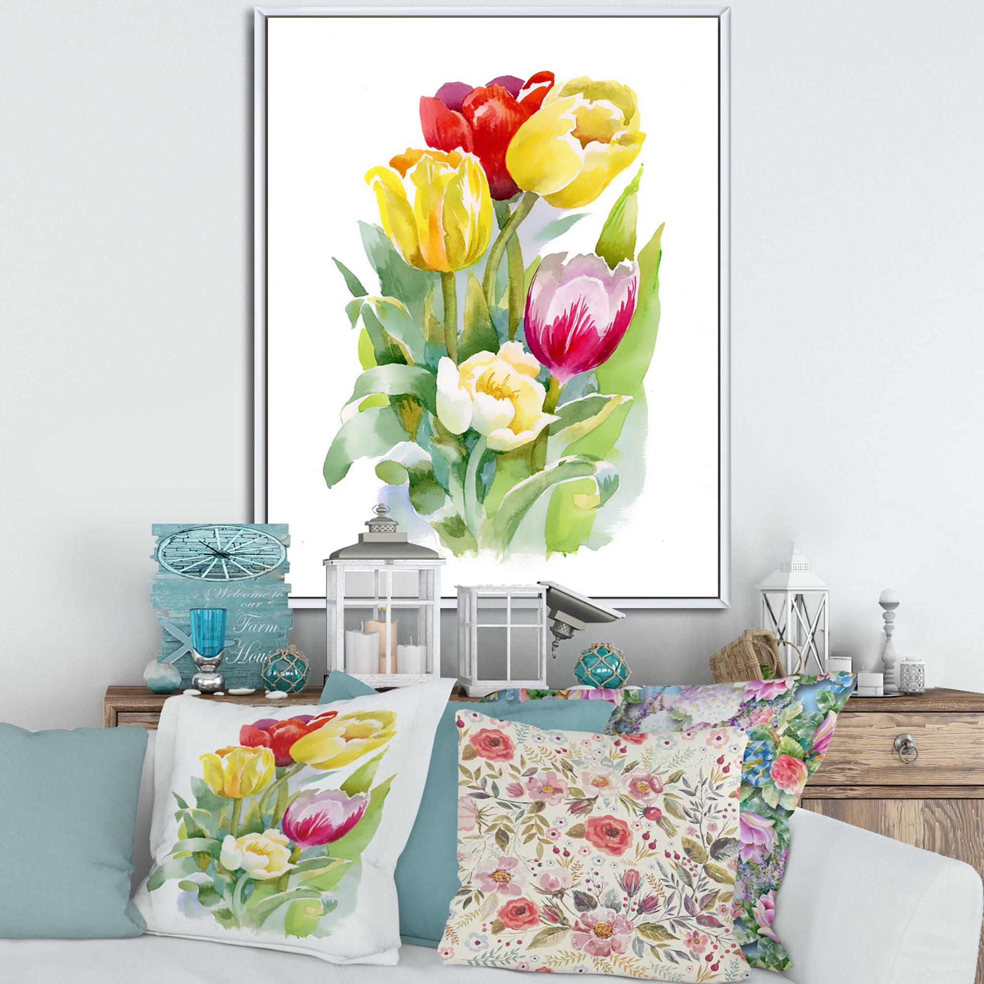 Designart 'Bouquet of Red and White Tulips' Traditional Framed Canvas Wall Art Print