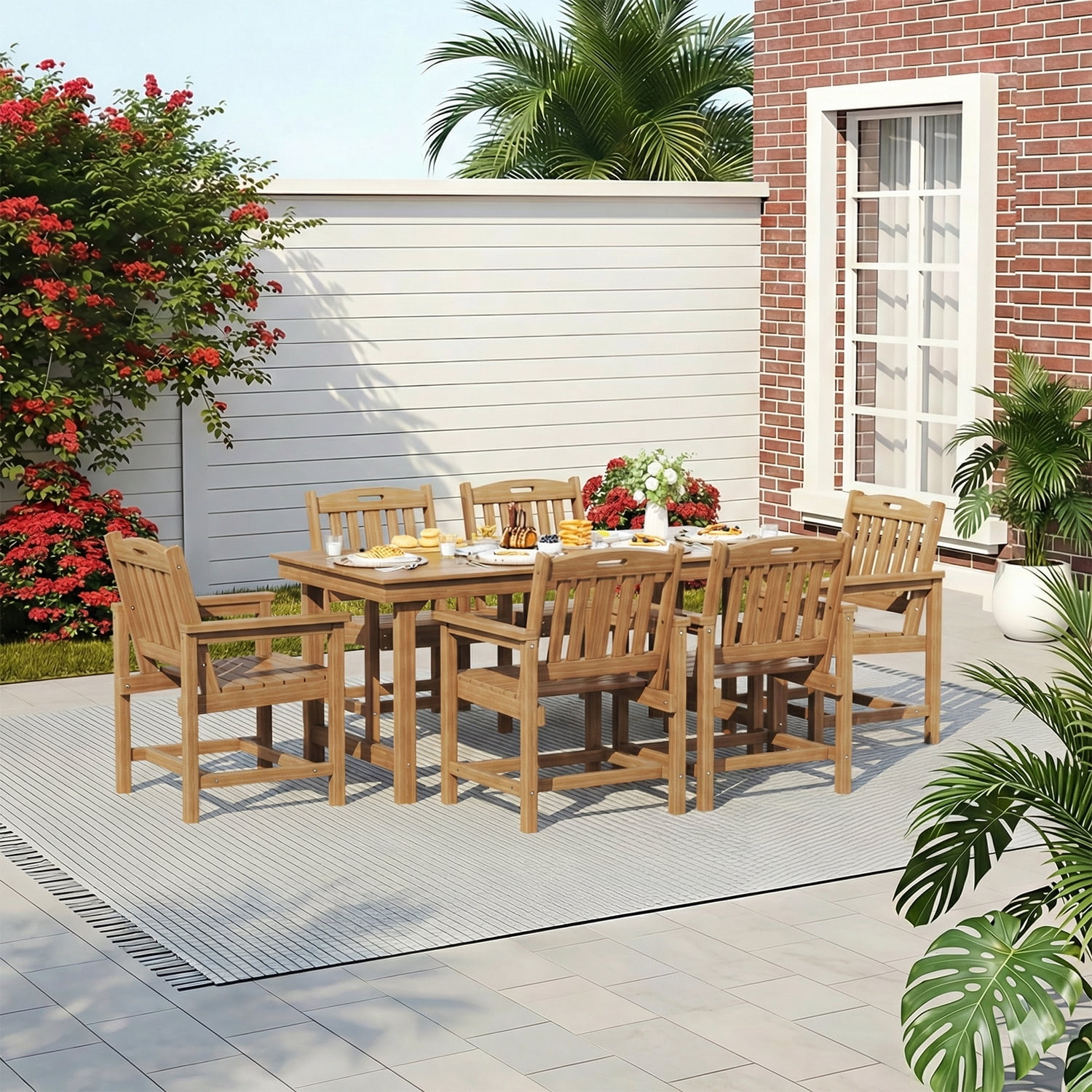 Erinnyees 7-Piece HDPE Outdoor Dining Set, 66.9" Marble Texture Patio Table with Umbrella Hole, and 6 All-Weather Chairs for Yard Deck Porch, Teak