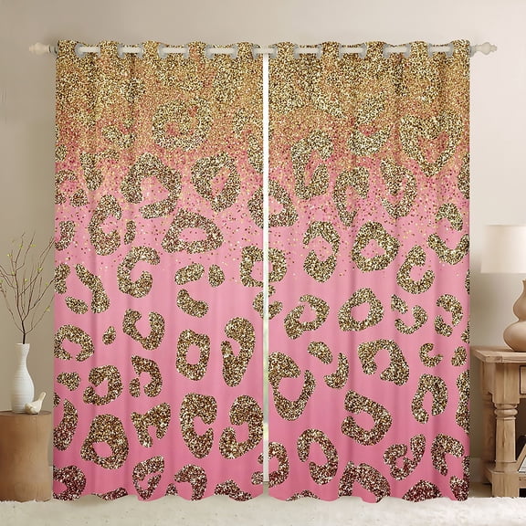 jejeloiu Chic Leopard Pattern Black Out Curtains,Gold Glitter Print Curtains Pack of 2 (42x63 Each),Jungle Cheetah Bedroom Curtains For Girls Kids,Ultra Soft Home Decor