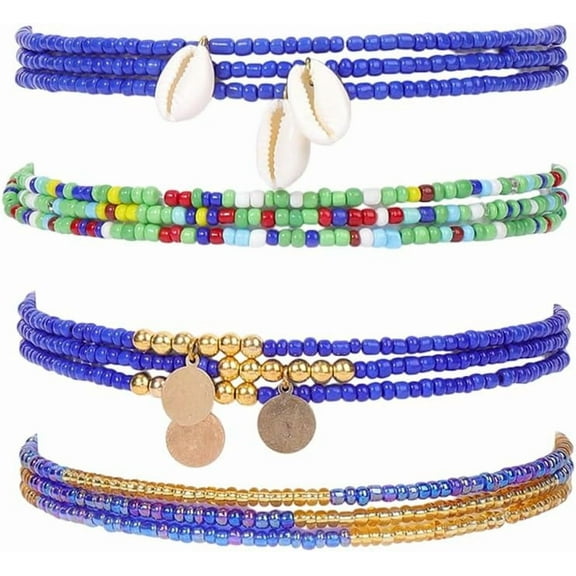 4Pcs Boho Waist Beads Adjustable Slim Chain Belts Seed Beaded Belly Chain Plastic Bikini Body Jewelry for Women Fashion Dresses Summer Beach Blue 820mm DIY Making