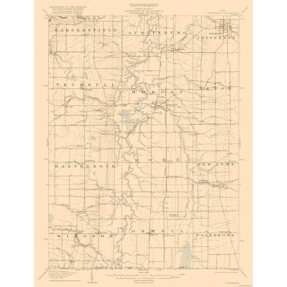 Topographical Map - Jefferson Ohio Quad - USGS 1907 - Vintage Wall Art