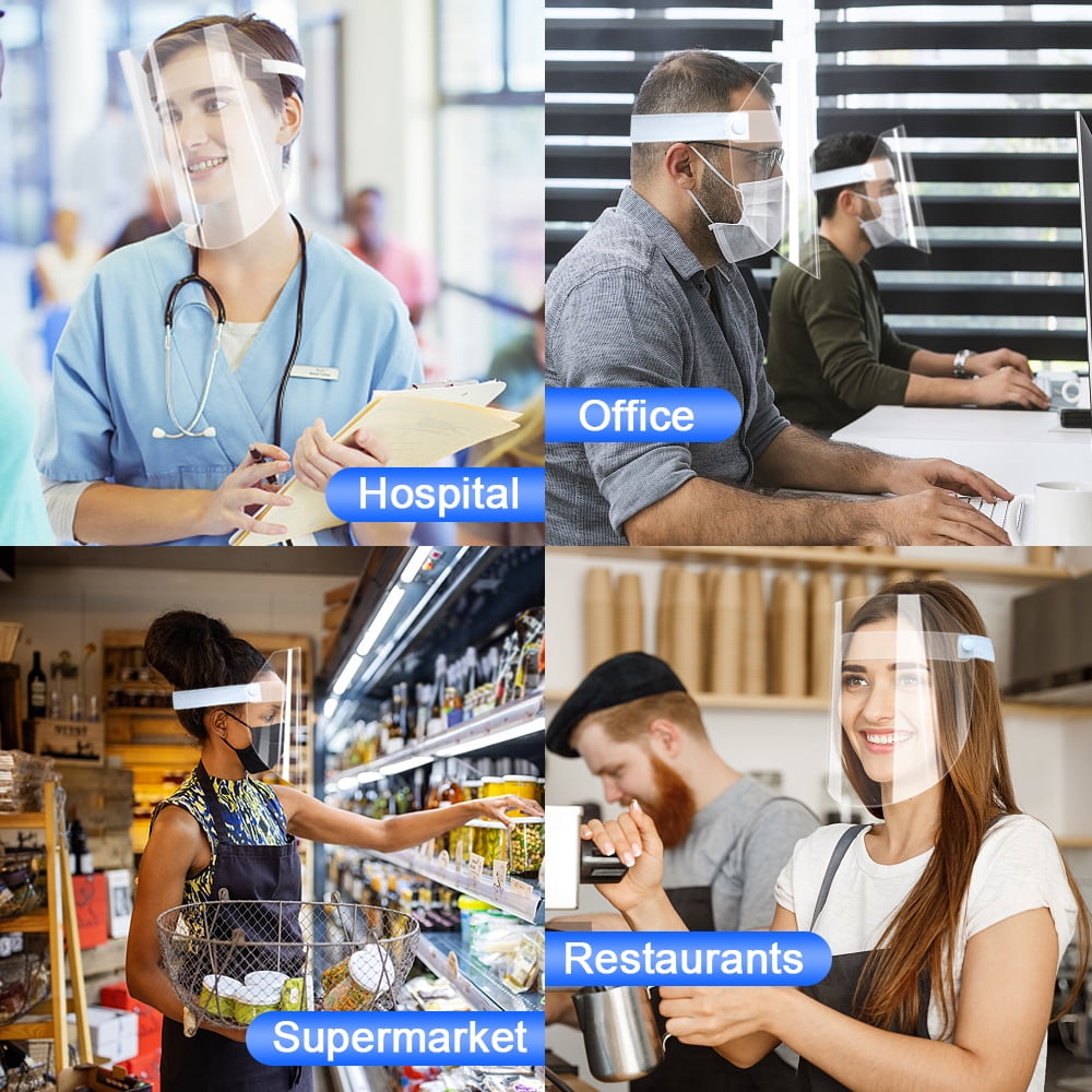 Amerteer 10 Pack Face Shields - Ultra Clear Protective Full Face Shields to Protect Eyes, Nose and Mouth - Anti-Fog PET Plastic, Elastic Headband - Sanitary Droplet Splash Guard Cover