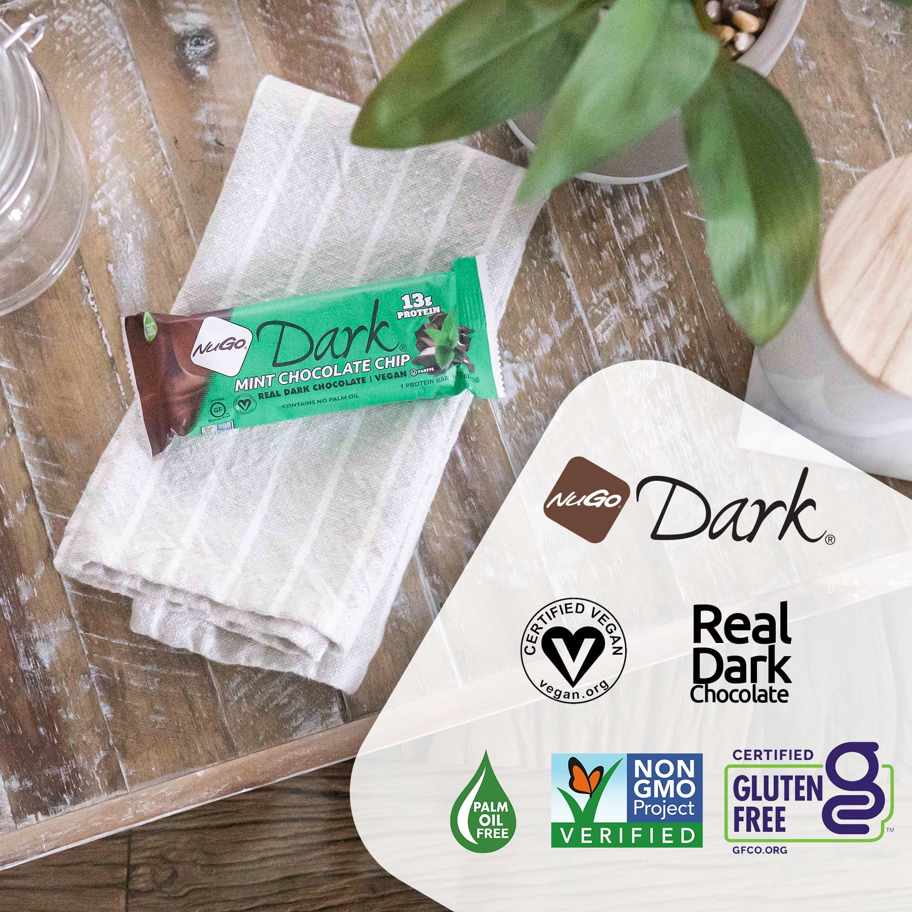 NuGo Dark Chocolate Mint Chocolate Chip, 13g Vegan Protein, Gluten Free, 12 Count