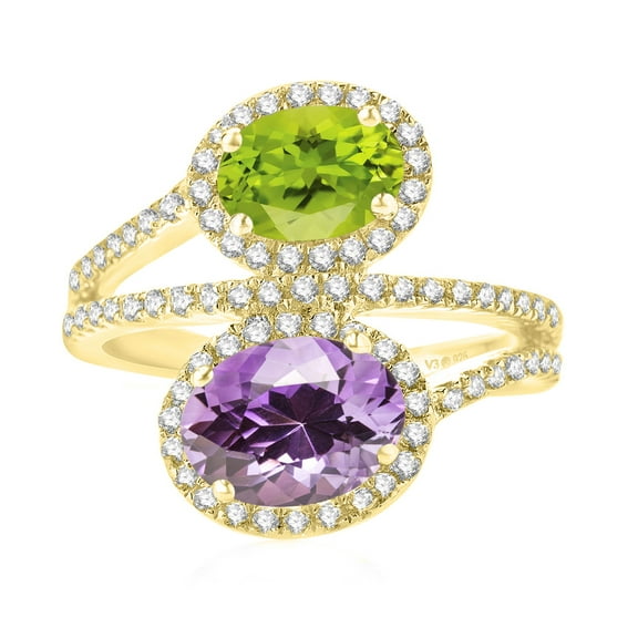 V3 Jewelry® 18KT Gold Over Sterling Silver with Natural Peridot, Amethyst and White Topaz Bypass Ring for Women