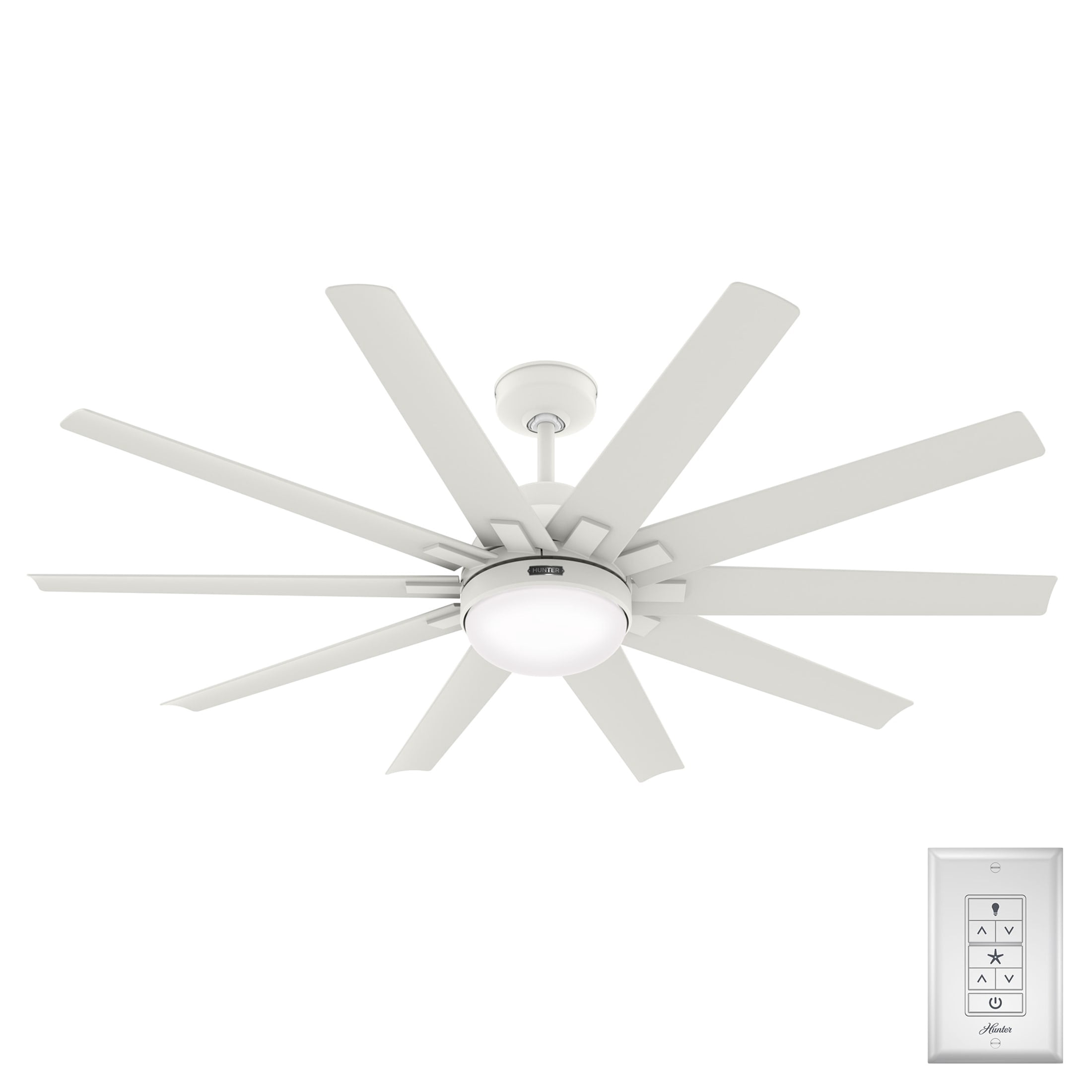 Hunter 60 inch Outdoor or Indoor Ceiling Fan with LED Light - White Ceiling Fan with Wall Control, For Patio, Garage, or Porch, Quiet, Standard Mount, 10 Blades - Overton 50720, Matte White