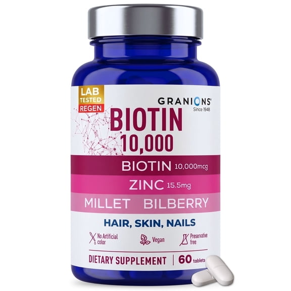 Granions Biotin 10,000 mcg Hair, Skin and Nails Pills - Selenium, Zinc, Millet, Bilberry Extracts, Aminos - 60 Tablets