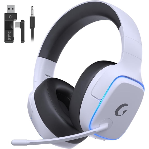 2.4GHz Wireless Gaming Headsets for PS5, PS4, PC, Switch - Bluetooth 5.3 Headphones with Noise Canceling Mic, 7.1 Surround Sound, 70H Battery, Blue Lighting White