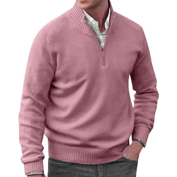 Manxivoo Mens Sweater Autumn Men's Solid Color Casual Loose V Neck Tight Pullover Sweater Sweater Coat Pink M