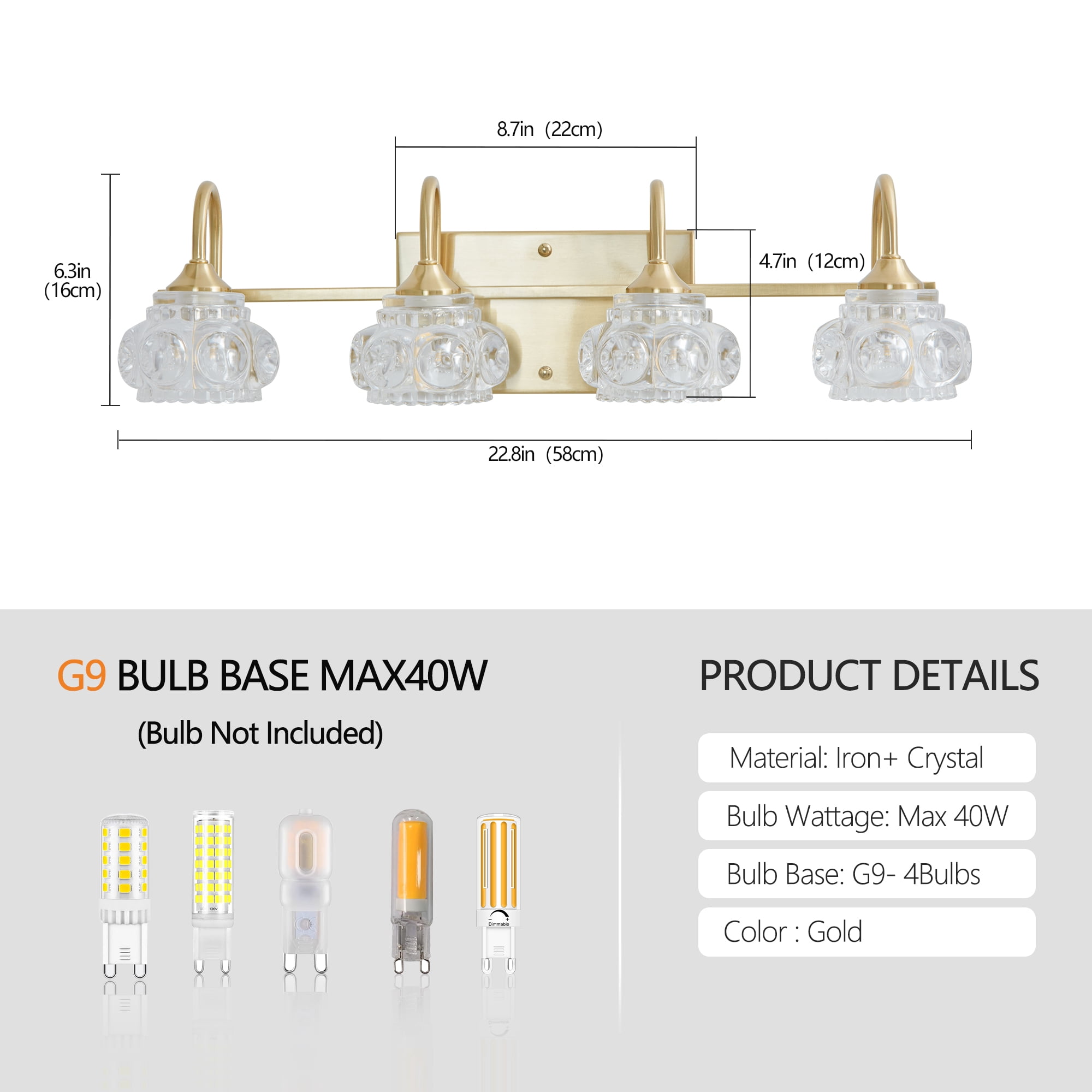 HomArltek 23" 4-Light Vanity Light, Crystal Glass Shade Wall Sconce, Modern Bathroom Mirror Light with Gold Finish, Hardwired Vanity Lighting Fixture for Bathroom Bedroom Dressing Table(No Bulbs)