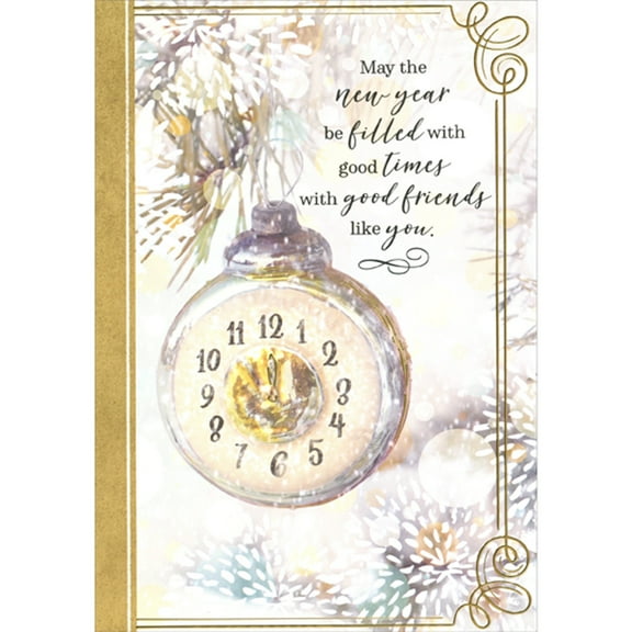 Designer Greetings Gold Trimmed Stop Watch Ornament with Gold Foil Border New Year Card