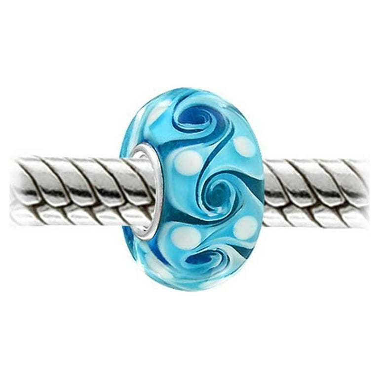 Turquoise Blue Wave Swirl Murano Glass Bead Charm .925 Sterling