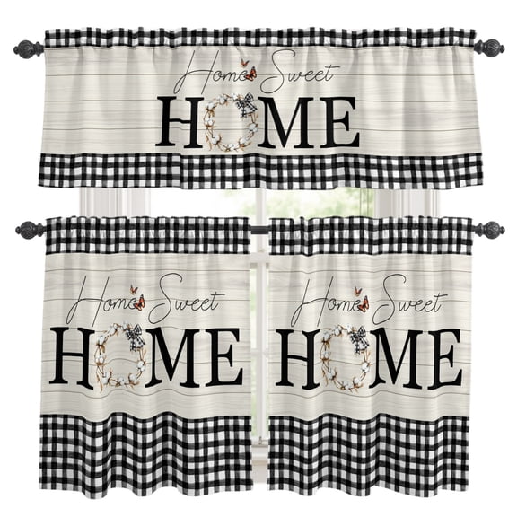 Farmhouse Home Kitchen Curtains,Kitchen Curtains and Valances Set of 3,Black Plaid Vintage Wood Grain Butterfly Light Filtering Tier Curtain 36 Inch Length Drapes for RV Cafe Bathroom Bedroom