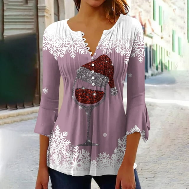 DPTALR Top Plissé à Manches 3/4 Imprimé V-neck pour Femme