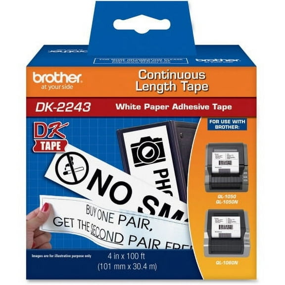 Brother DK2243 - Continuous Length Paper Labels 4" Width x 100 ft Length - Direct Thermal - White - Paper - 1 / Box