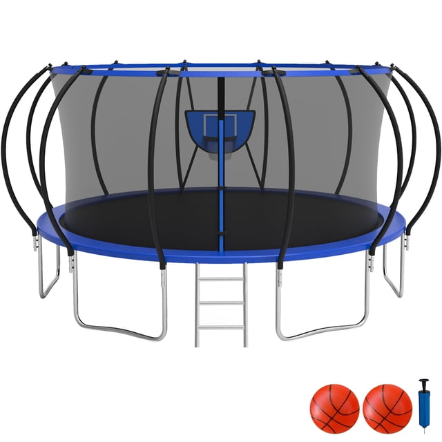 KOFUN Trampoline with Basketball Hoop, 1500lbs 10FT 12FT 14FT 16FT Trampoline for Adults and Kids, No Gap Design Backyard Trampoline with Enclosure Net, Ladder, Blue