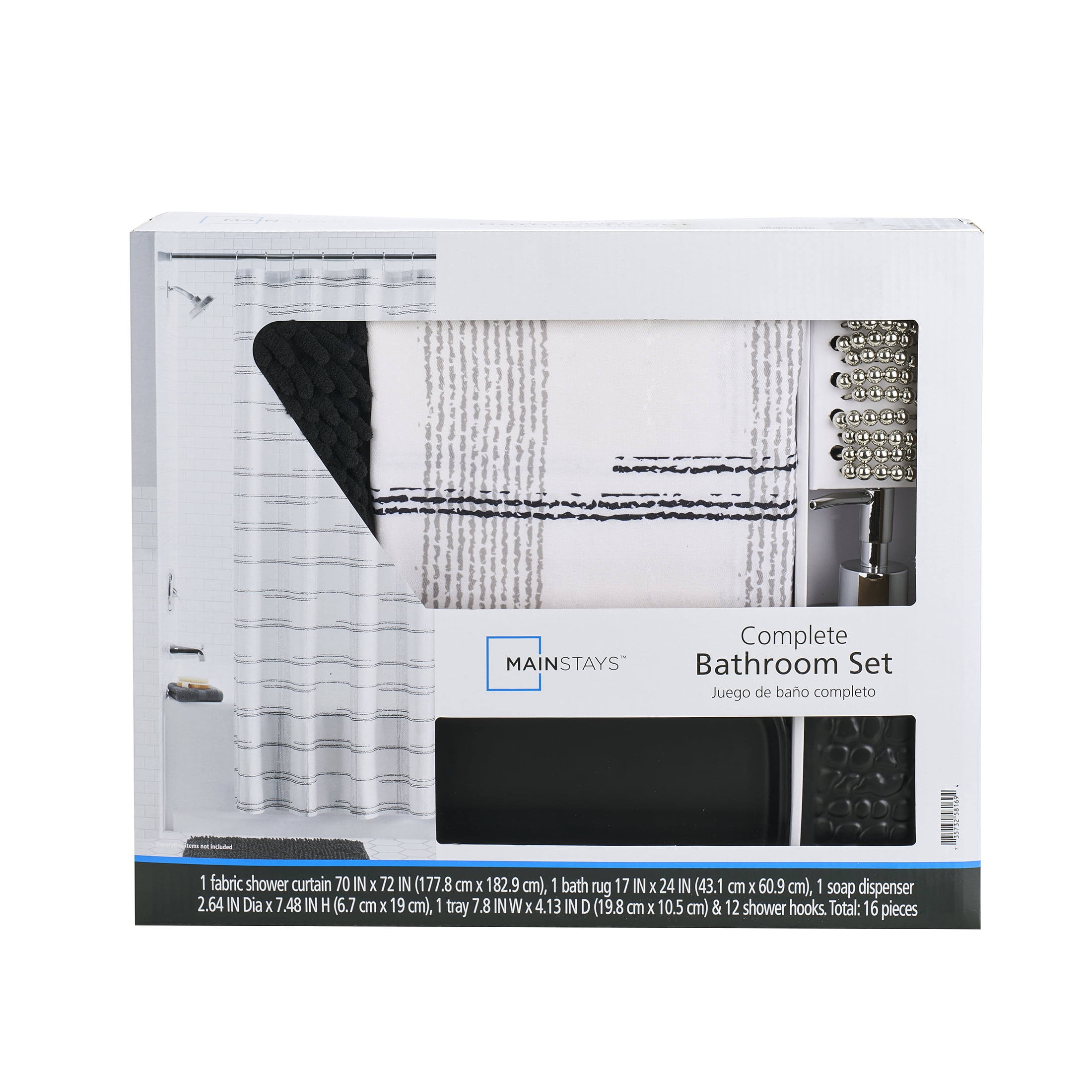 Mainstays 16-Piece Black Plaid Shower Curtain Bathroom Set – Black Fabric Curtain with Rug, Hooks, Soap Pump & Tray
