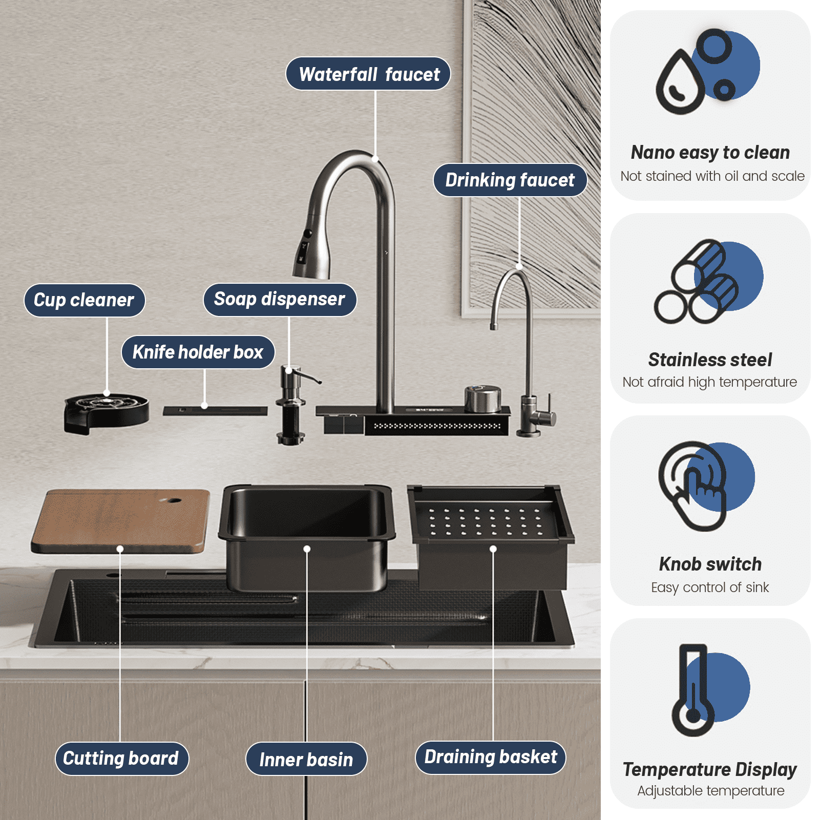 31.5 In Smart Waterfall Kitchen Sink with Temperature Display Faucet,Black Stainless Steel Drop In Single Bowl Sink,Topmount Workstation Bar Sink,with Knife Holder & Accessories