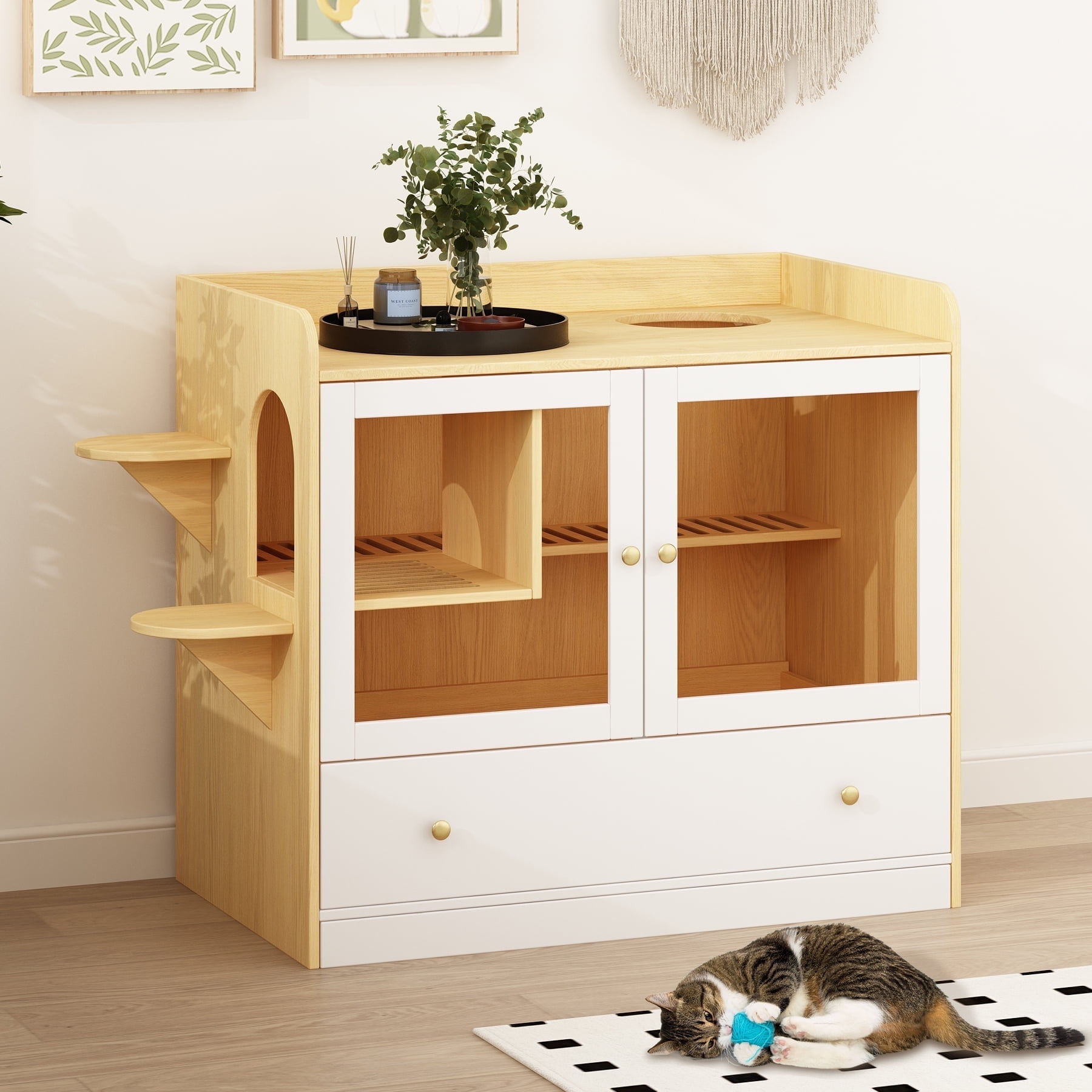 NARTRU Large Cat Litter Box Enclosure Furniture with Drawer and Runway Litter Filter for Litter Boxes,Oak