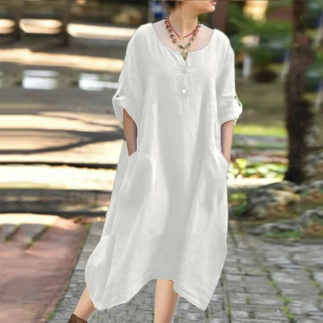 Gspmoly Robes pour Femmes, Robe Décontractée Ample à Manches Longues à Col en V en Coton et Lin de Couleur Unie pour Femmes, Robes d'Été pour Femmes jusqu'à 65 % de Rabais
