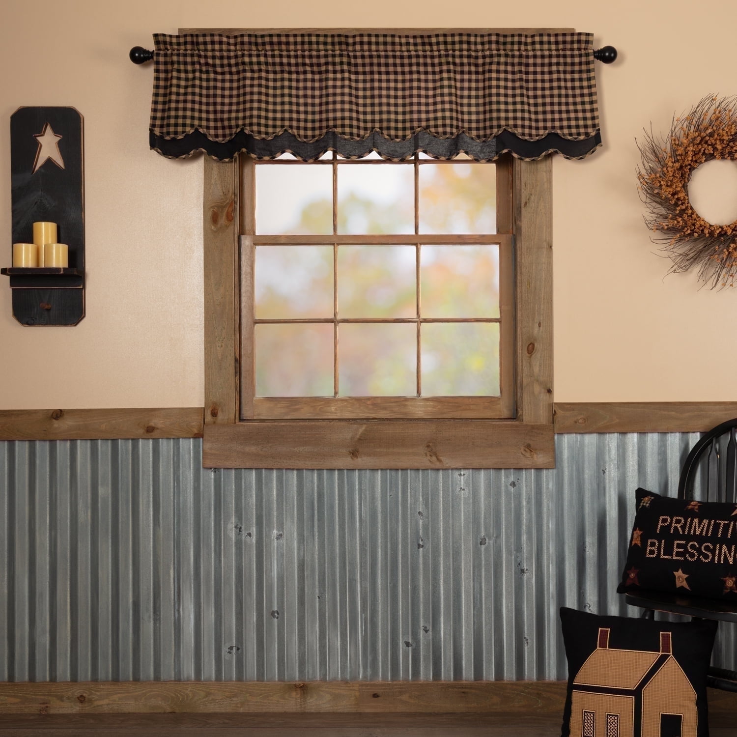 VHC Brands Bingham Star 36x36x16 Cotton Window Swag Set Of 2 - Black/Red Primitive Country Style