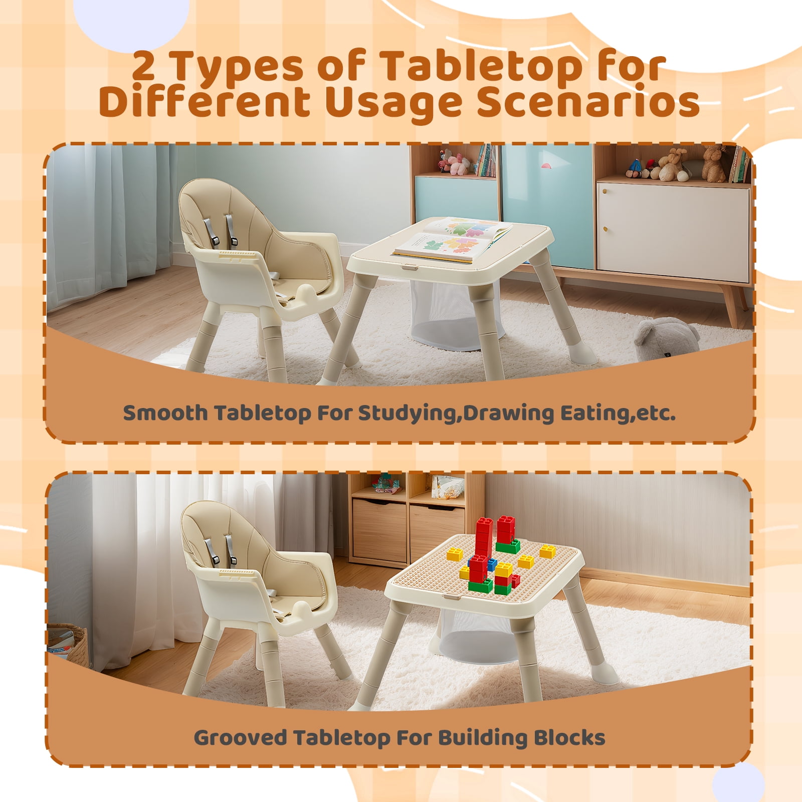 PEXMOR 7 in 1 Convertible Baby High Chair, Leather Cushion Eating Table Chair Set for Babies Toddlers, Beige