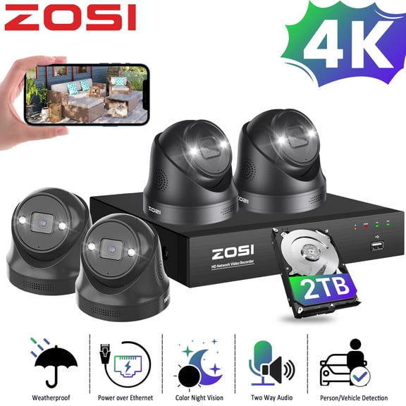 ZOSI 8CH CCTV PoE Security Camera System Outdoor with 2TB Hard Drive, 4pcs 4K Dome Surveillance Cameras, Two-way Audio