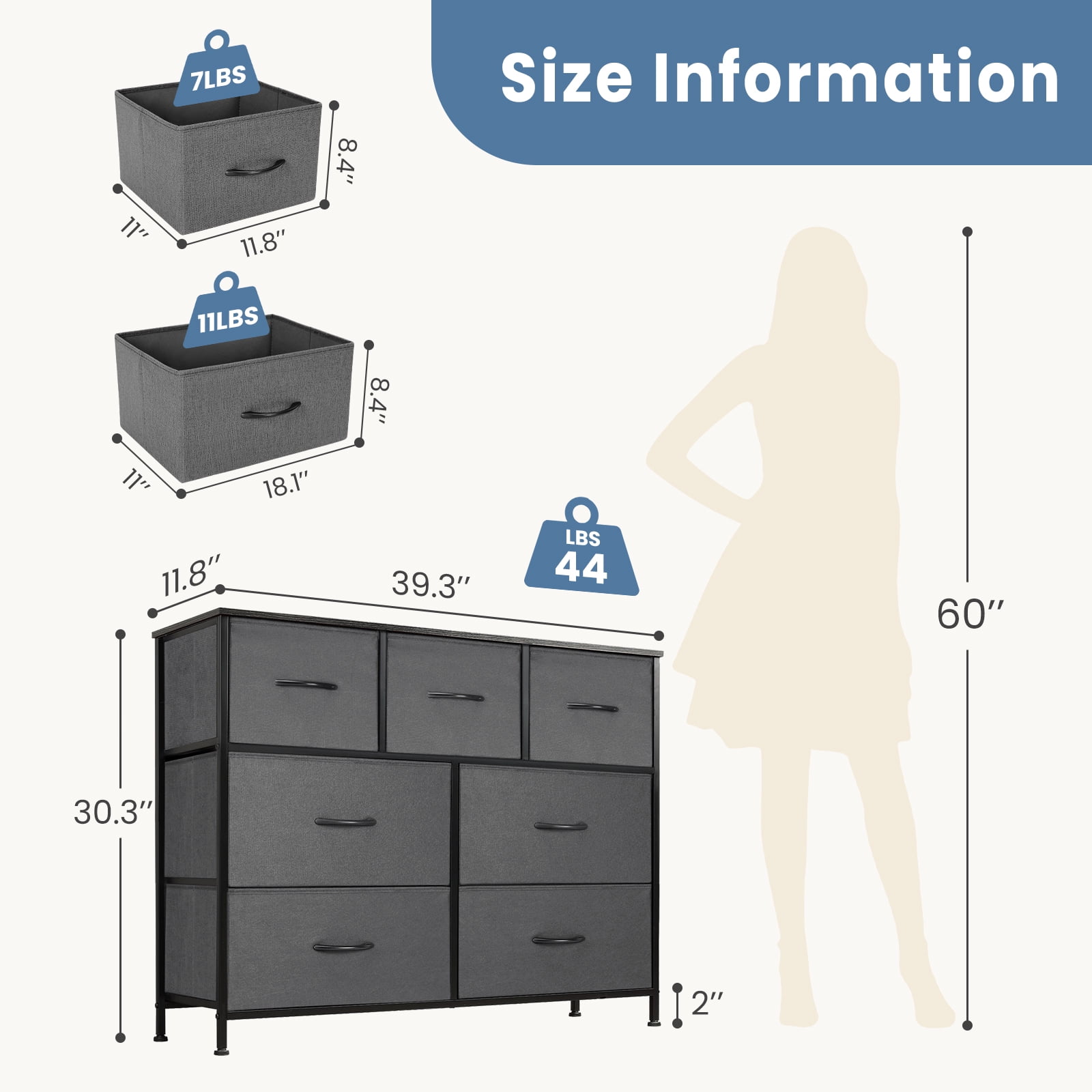 MAYEERTY 7-Drawer Fabric Storage Tower, Versatile Organizer with Wood Top for Bedroom, Living Room, Gray
