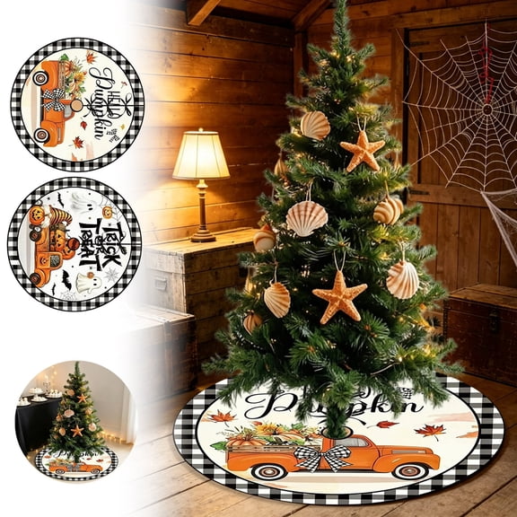 Orange Short Plush Double Sided Fall Halloween Table Skirt Reversible Design for Holiday Party Autumn Seasonal Home Decor