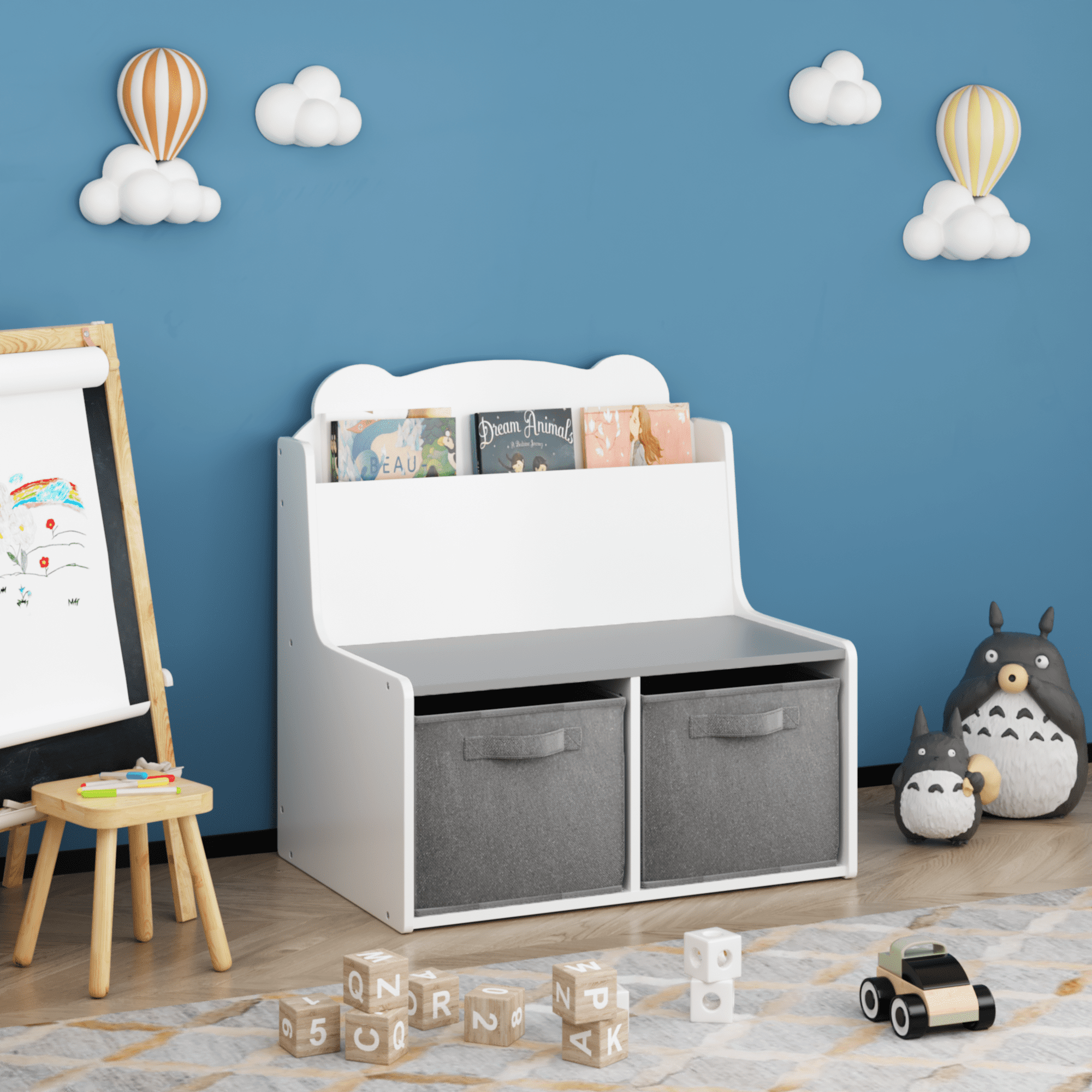 Kids Furniture Kids Bookshelf with Storage Bins – Wooden Bookcase with Book Display Shelf and 2 Fabric Bins, Cute Bear-Shaped Backboard, Toy Organizer for Toddlers and Children, White and Gray,Baby F