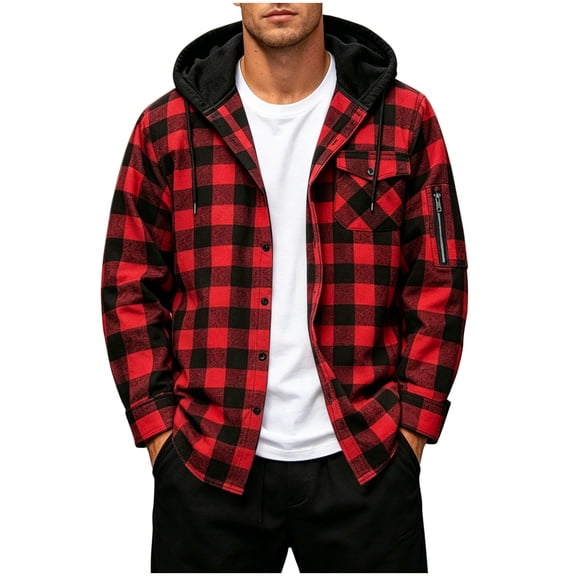 TKKCS Mens Hooded Plaid Flannel Shackets- Daily Wear Long Sleeve Buttons and Zipper Pockets Button Down Fall Winter Casual Shirt Jackets Red Size L