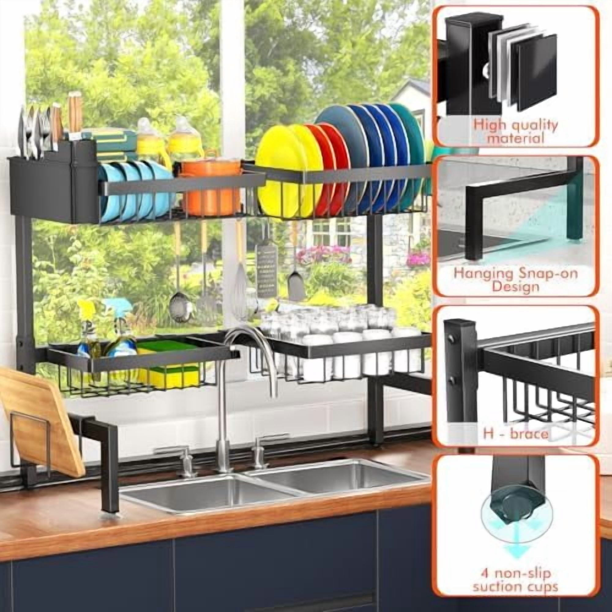 4 Baskets Over The Sink Dish Drying Rack, Extendable Large Capacity Sink Rack, Metal Drying Rack Saving Space,for Most Sinks (26.57"-35")