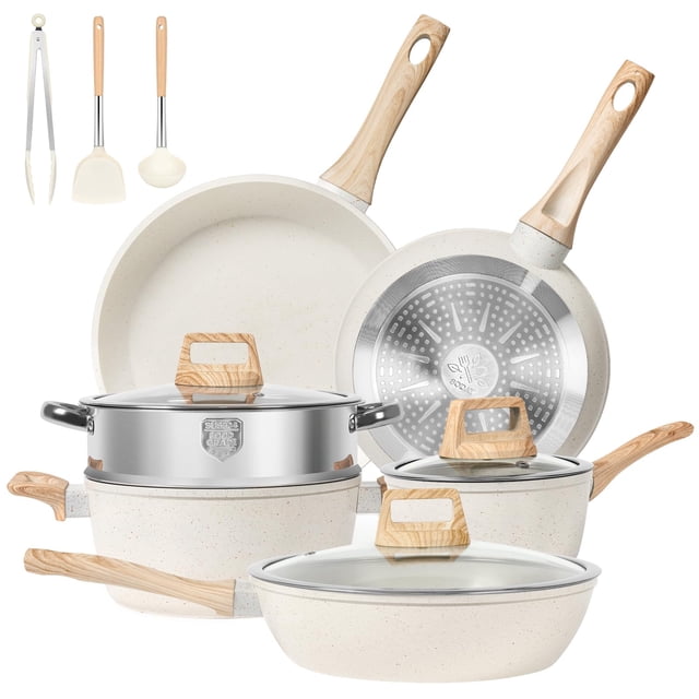 Juego de utensilios de cocina SODAY de granito blanco antiadherente para inducción, 12 unidades