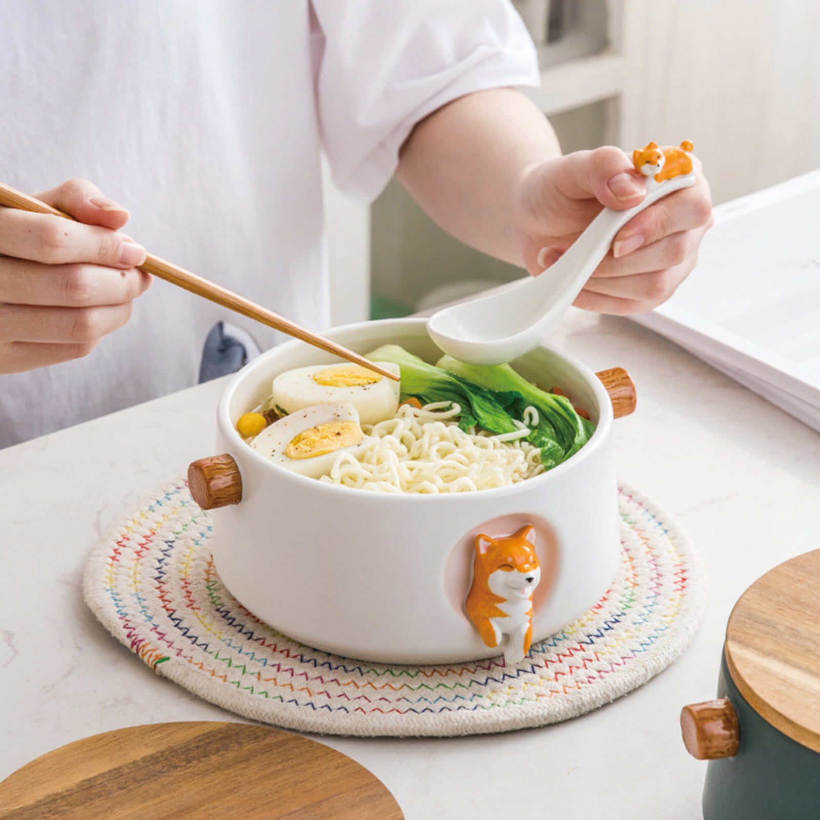 32oz Instant Noodle Bowl with Handles, Ceramic Soup Bowl with Lid, Porcelain Breakfast Bowl, Microwave Bowl, for Dormitory Home Office-White-900ml