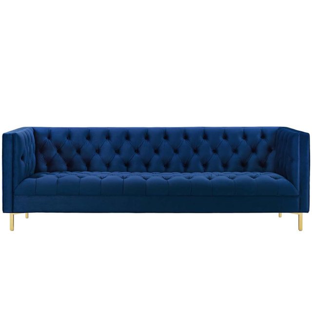 Modway Delight Tufted Button Performance Velvet Stainless Steel Sofa in Navy