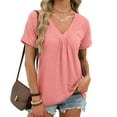 thumbnail image 2 of Staron Summer Casual V-Neck Short Sleeve Blouse for Women Solid Color Fashion Top Loose Comfy Relaxed Vacation Travel Party Shirt, Pink S, 2 of 7