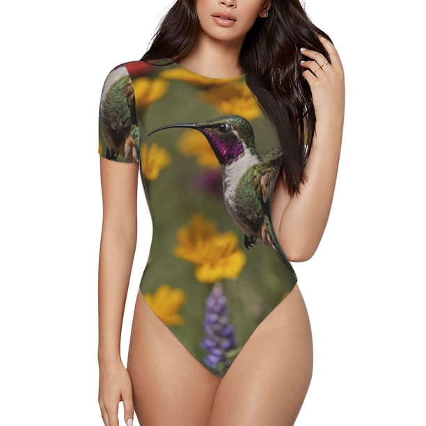 Fotbe Humming Bird Body de Mujer con Cuello Redondo y Mangas Cortas, Sin Mangas Ajustado, Suave, Cómodo y Básico-Large