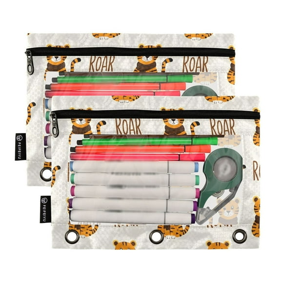 2 Pack Pencil Pouch for 3 Ring Binder Smooth Zipper Folders with Pockets Clear Window Pencil Case Cute Cartoon Playful Tiger