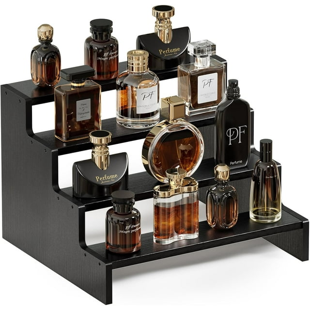 4 Tiers Wooden Cologne Stand, Perfume Display Riser Rack Holder Rustic Shelf Versatile Organizer for Fragrances Candles Cosmetics Cupcake Vanity Storage -Black